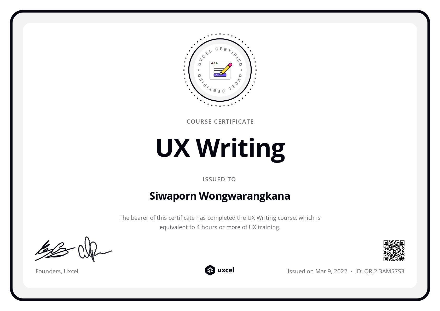 Siwaporn Wongwarangkana's certificate